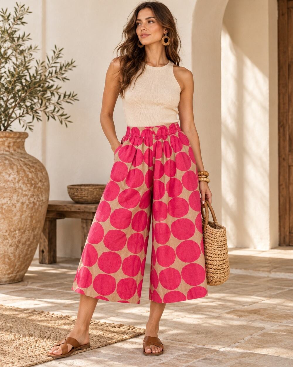 Scandi Art Boho Rare Linen Wide Leg Culotte Pant Pink Beige Marimekko x Uniqlo S